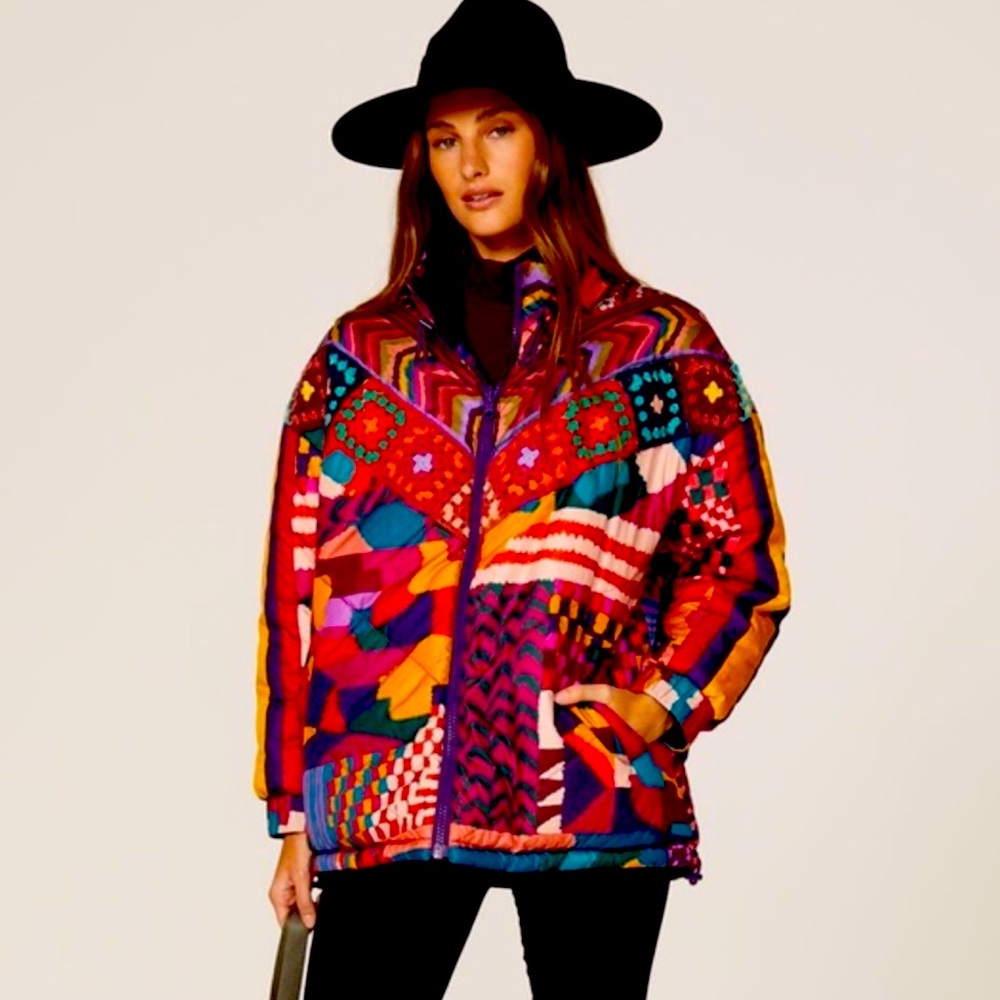 Farm Rio Red Abstract Patches Reversible Puffer Jacket Small